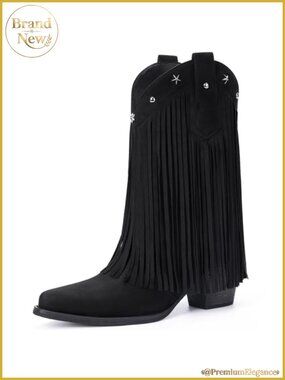 Fringe Cowboy Boots for Women Mid Calf Pointed Toe Chunky Heel Western